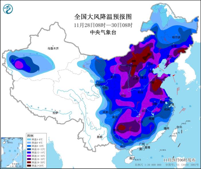 圖3 全國大風(fēng)降溫預(yù)報圖(11月28日08時-30日08時)