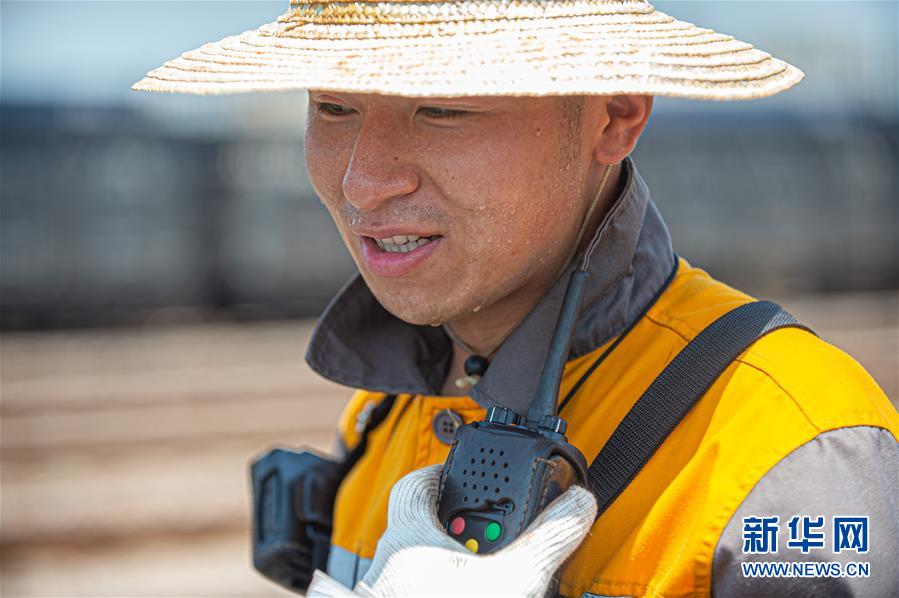 8月11日，臉上掛滿汗水的調(diào)車員陳翀用無線電進(jìn)行作業(yè)聯(lián)系。 當(dāng)日，浙江杭州的最高氣溫超過37攝氏度。在杭州北郊的鐵路喬司編組站，調(diào)車員們頂著驕陽作業(yè)。他們將一節(jié)節(jié)車廂重新編組，發(fā)向目的地，用自己的辛勤汗水，保障著鐵路大動(dòng)脈的順暢運(yùn)轉(zhuǎn)。 新華社發(fā)（江漢 攝）