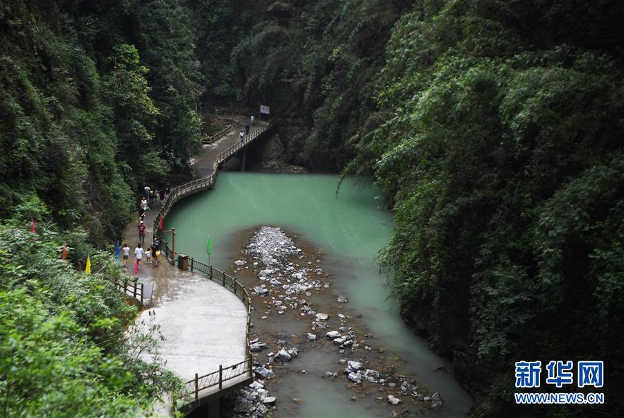 游客在阿依河景區(qū)游覽（8月13日攝）。 阿依河景區(qū)地處重慶市彭水苗族土家族自治縣，融山、水、林、泉、峽于一體，集雄、奇、險(xiǎn)、秀、幽于一身。近年來(lái)，阿依河景區(qū)利用良好的自然條件和豐富的民俗文化，不斷豐富旅游項(xiàng)目、改善旅游體驗(yàn)、拓展旅游業(yè)態(tài)，發(fā)展“美麗經(jīng)濟(jì)”。 新華社記者 王全超 攝