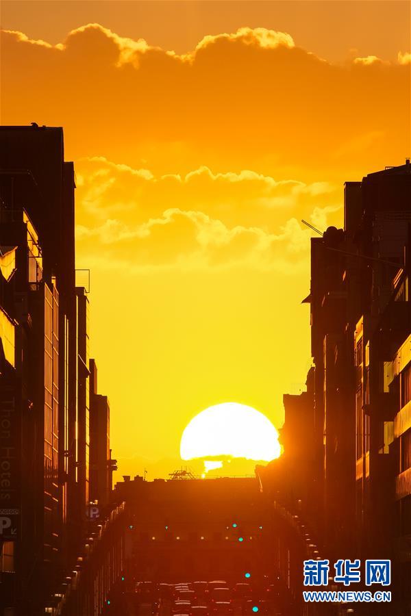 這是8月21日在比利時(shí)首都布魯塞爾拍攝的落日景觀。 當(dāng)日，夕陽(yáng)從布魯塞爾法律大街上空緩緩下落，形成獨(dú)特的落日景觀。 新華社記者 張鋮 攝