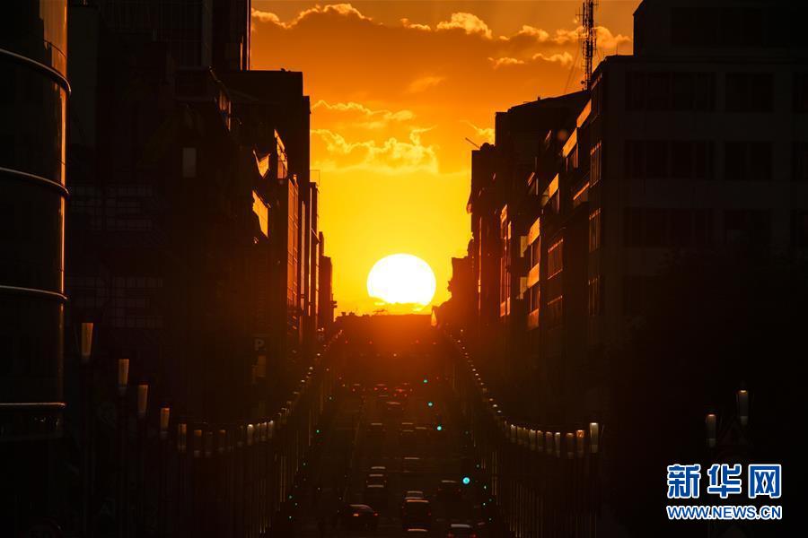 這是8月21日在比利時(shí)首都布魯塞爾拍攝的落日景觀。 當(dāng)日，夕陽(yáng)從布魯塞爾法律大街上空緩緩下落，形成獨(dú)特的落日景觀。 新華社記者 張鋮 攝