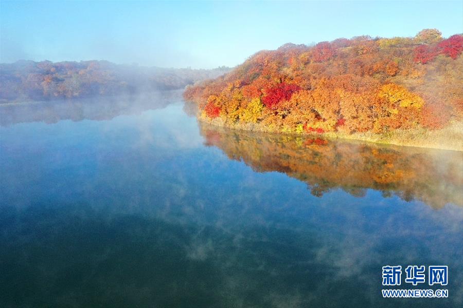 這是10月12日拍攝的大青溝國(guó)家級(jí)自然保護(hù)區(qū)小青湖秋景（無人機(jī)照片）。 眼下，位于內(nèi)蒙古自治區(qū)通遼市科爾沁左翼后旗的大青溝國(guó)家級(jí)自然保護(hù)區(qū)秋意正濃，斑斕多彩的秋景令人陶醉。 新華社記者 劉懿德 攝