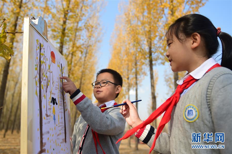 11月4日，滄州市實(shí)驗(yàn)小學(xué)學(xué)生在一處林地內(nèi)繪畫。 深秋時(shí)節(jié)，河北省滄州市實(shí)驗(yàn)小學(xué)美術(shù)興趣小組的學(xué)生在老師的帶領(lǐng)下走出教室，走進(jìn)大自然，以“多彩森林”為主題，用畫筆描繪斑斕秋色。 新華社發(fā)（傅新春 攝）